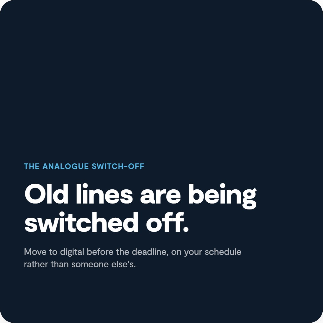 Intellectcomms's tweet photo. Traditional phone lines are being retired, and every business on them will need to move to digital. Plan the change now and it's routine. Leave it late and it isn't. 

#AnalogueSwitchOff #DigitalVoice #PSTNSwitchOff #SMEtelecoms #IntellectCommunications https://t.co/opAGzxbxDD