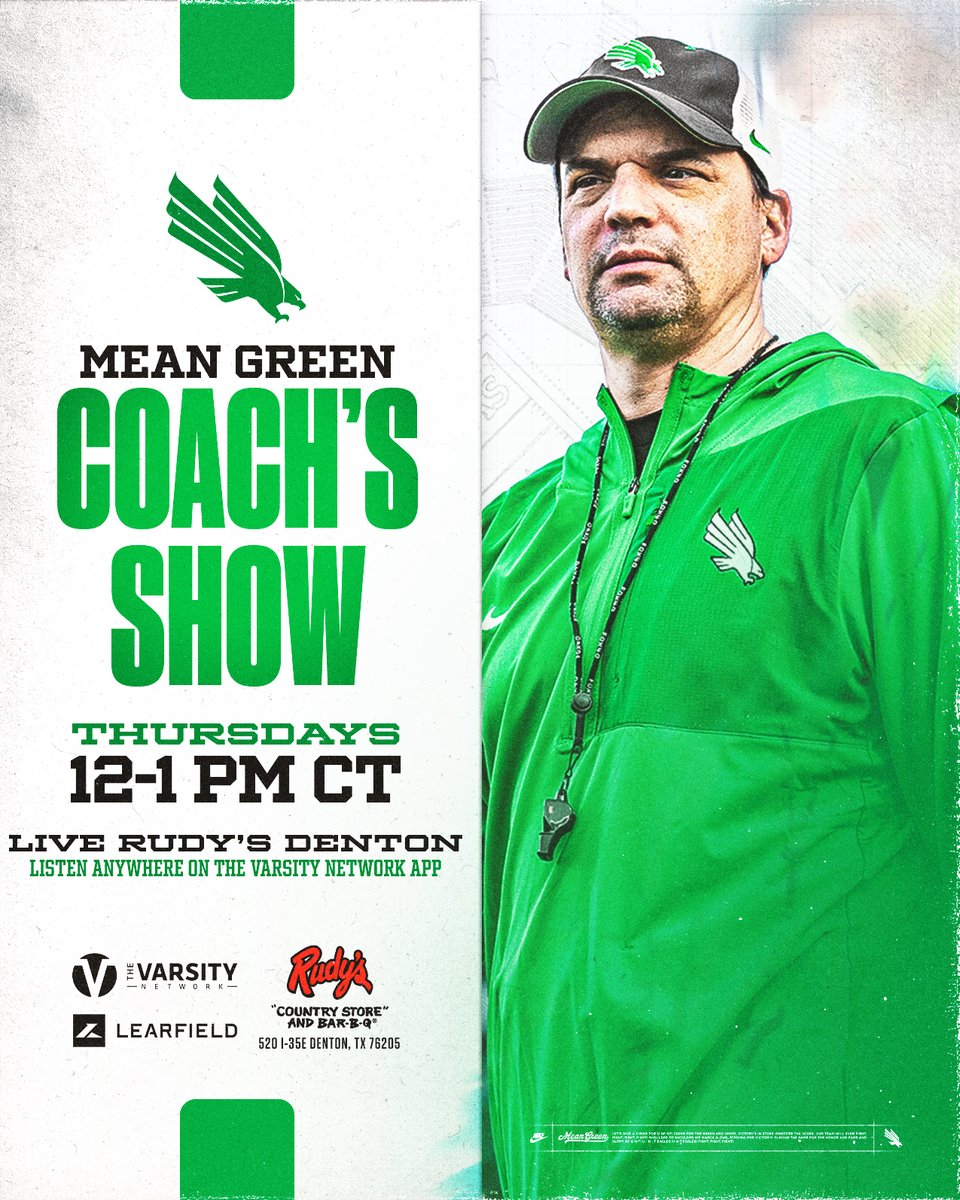 MeanGreenFB's tweet photo. Reminder that the Mean Green Coach's Show is TOMORROW at 12 p.m. CT, live from @rudysbbq in Denton ‼️

This week's guests are head coach @Coach_NealBrown, along with along with Johnny Williams and Brandon Jones! 🏈🏟️

See everyone there! 

#GMG 🟢🦅 https://t.co/UrRa3s2H07