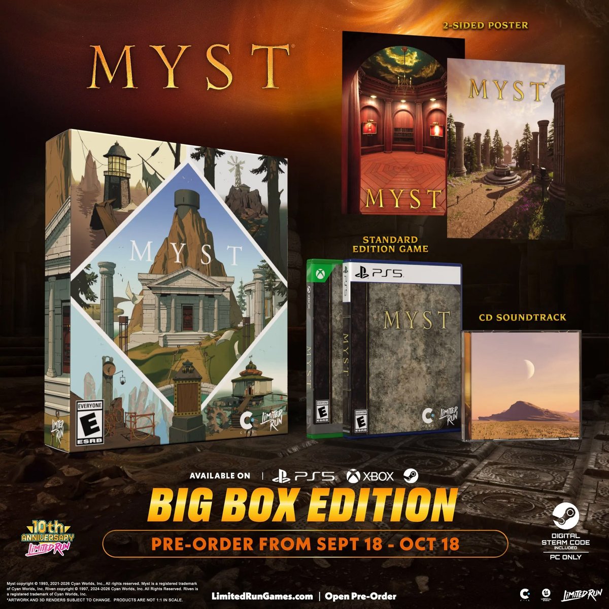 cyanworlds's tweet photo. Begin your surreal adventure September 18th...
Myst and Riven return in Big Box Editions.
Revisit two legendary adventures, a collection-worthy edition featuring the game, soundtrack, and a two-sided poster.
https://t.co/DrabKPtcWM https://t.co/RYbCJNroCB
