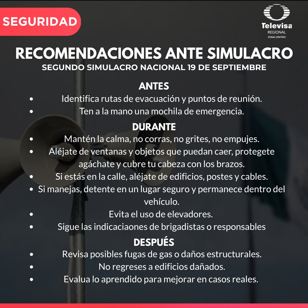 TelevisaPuebla's tweet photo. 🚨 PREPÁRATE PARA EL PRÓXIMO SIMULACRO📢
El 19 de septiembre se realizará el segundo simulacro del año. 🏠🦺
A quí te compartimos algunas recomendaciones de qué hacer antes, durante y después para participar de manera segura y estar preparado ante una emergencia. ⛑️ https://t.co/VqzwdQvHum
