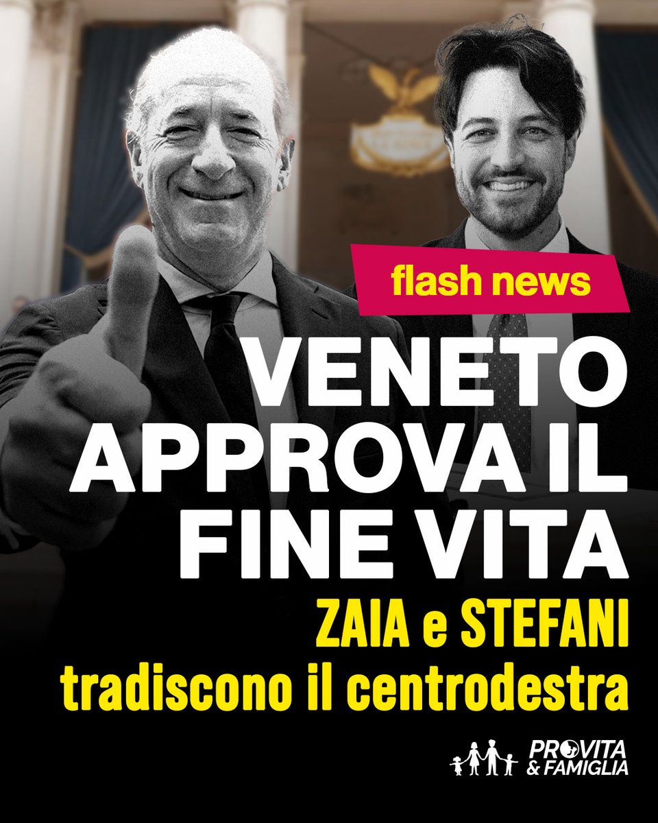 ProVitaFamiglia's tweet photo. Il Veneto ha appena approvato la legge sul su*cid*o assistito🚨

La stessa legge bocciata un anno fa, oggi passa grazie ai voti del centrodestra e alla spinta radicale e martellante di Luca Zaia e del voto favorevole del presidente della Regione, Alberto Stefani.

Questa vile vicenda smentisce clamorosamente il programma nazionale della Lega di Salvini, che dichiara il rifiuto esplicito di ogni normativa a favore dell'eutanasia e del su*cid*o assistito e segue la deriva di Forza Italia.

Questi due partiti hanno, di fatto, la responsabilità storica di aver aperto la strada alla cultura della morte in Italia tradendo il mandato datogli dagli elettori di centrodestra.

Chiediamo al Governo Meloni di impugnare davanti alla Consulta la legge veneta sul fine vita perché si tratta di una norma già incostituzionale come dimostrano le sentenze della Corte su leggi analoghe come nel caso di Toscana e Sardegna.

Come associazione che difende la dignità della vita in ogni fase e condizione continueremo a fare pressione e a combattere affinché in Italia non si verifichi l’abbandono totale di fragili e malati e si viri verso una società dello scarto. #nosuicidioassistitoinitalia #veneto #zaia #stefani #finevita