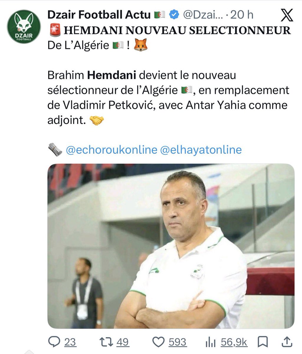 Ahmedlancien's tweet photo. Le temp fait bien les choses quand même 😉 

Lamouchi qui à était nommé entraîneur de la Tunisie 🇹🇳 il y’a quelques semaines a etait critiqué de TOUT PART ! Pour sa nomination par les tunisiens et par tout les maghrébins et africains « mais comment la Tunisie vous avez pas de dignité pour nommer un traître ? » (alors qu’on a publié la vraie raison de sa non-sélection avec la Tunisie 🇹🇳 au profit de la France 🇫🇷) … bref les résultats sont ce qu’ils sont, on s’en fout on juge la nomination qui a fait parler même les non-tunisiens !

Aujourd’hui, Brahim Hemdani qui a refusé 40 fois l’Algérie 🇩🇿 avant d’y venir en fin de carrière et n’avoir que 4 sélections va être nommé entraîneur de l’Algérie 🇩🇿.

Patrick Vieira grand milieu français champion du monde en 1998 a était nommé sélectionneur du Sénégal 🇸🇳 pays (d’origine et naissance) qu’il a refusé à ses débuts à plusieurs reprises.

Alors les sénégalais et les DZ, on ne Lamouchi plus maintenant ??

La traîtrise ça marche que dans un sens et que quand ça vous concerne pas ? 🤔