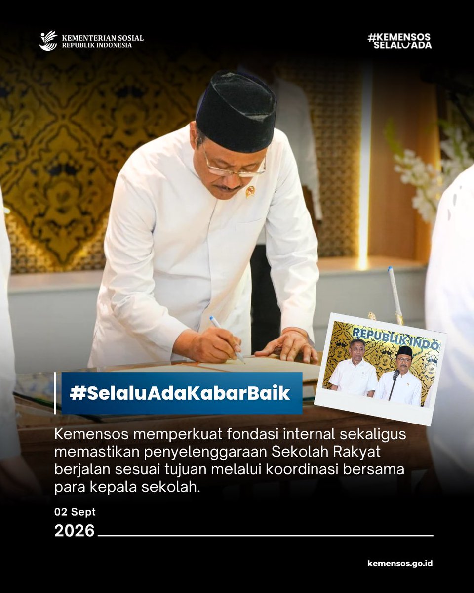 KemensosRI's tweet photo. Kemensos memperkuat fondasi internal sekaligus memastikan penyelenggaraan Sekolah Rakyat berjalan sesuai tujuan melalui koordinasi bersama para kepala sekolah.

Selengkapnya di #SelaluAdaKabarBaik edisi 2 September. https://t.co/DBZecI9AtU