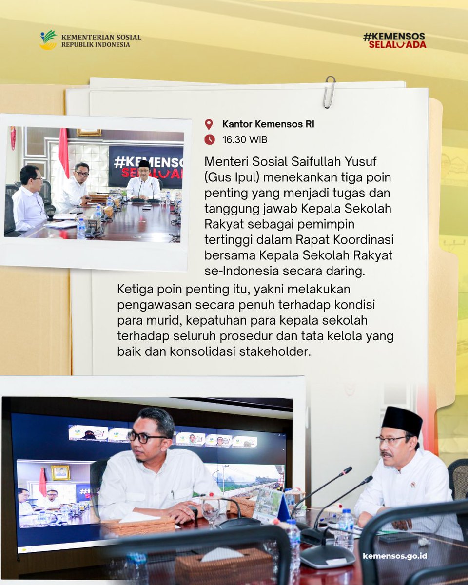 KemensosRI's tweet photo. Kemensos memperkuat fondasi internal sekaligus memastikan penyelenggaraan Sekolah Rakyat berjalan sesuai tujuan melalui koordinasi bersama para kepala sekolah.

Selengkapnya di #SelaluAdaKabarBaik edisi 2 September. https://t.co/DBZecI9AtU