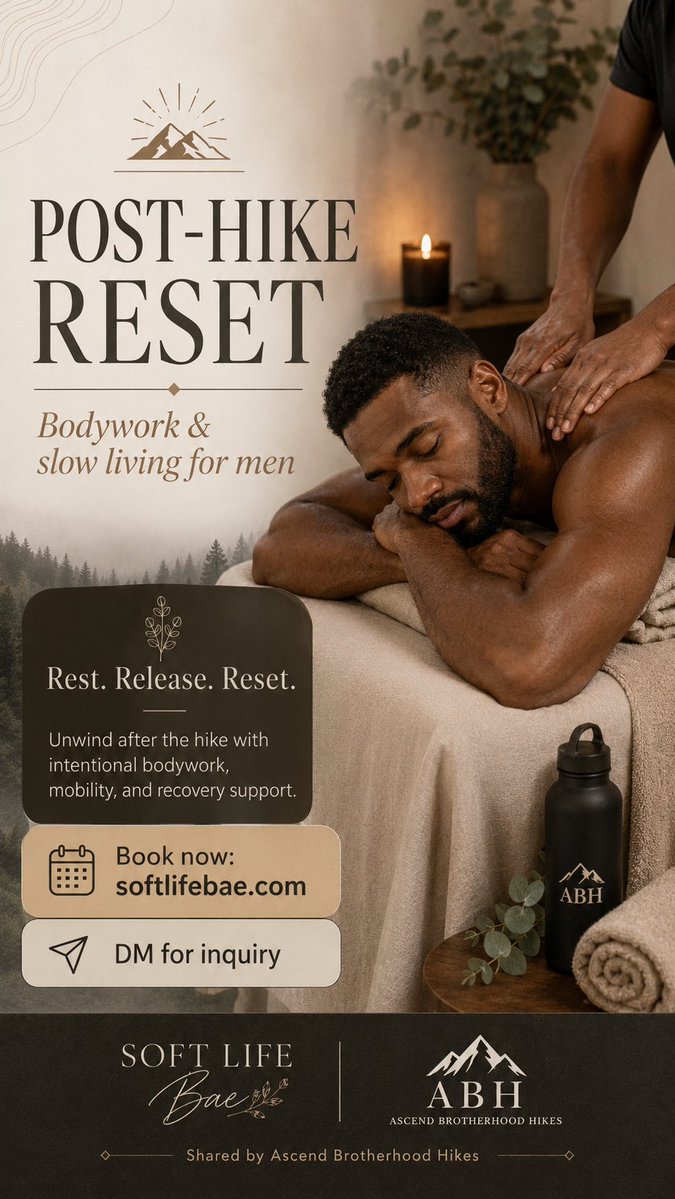 Treehouseb8's tweet photo. Hike hard. Recover softer.
Post-hike bodywork, mobility + reset sessions designed to help you release tension and move easier.
Book: https://t.co/ea2dtZX0Gm
DM for inquiries.
#PostHikeRecovery #MensWellness #AtlantaWellness #AscendBrotherhoodHikes https://t.co/FjYcKlGDZp