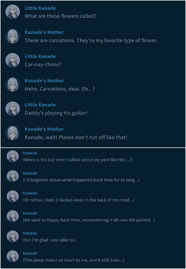 Timely_Kanade's tweet photo. Despite being gone since the start, it’s wonderful how not one but BOTH of Kanade’s parents continue to haunt her narrative &amp; shape her upbringing. Her dad is obvious, but how her mom is also often impactful in her arc &amp; thought process is genuinely among Sekai best writing. https://t.co/wHeXxqgSRt