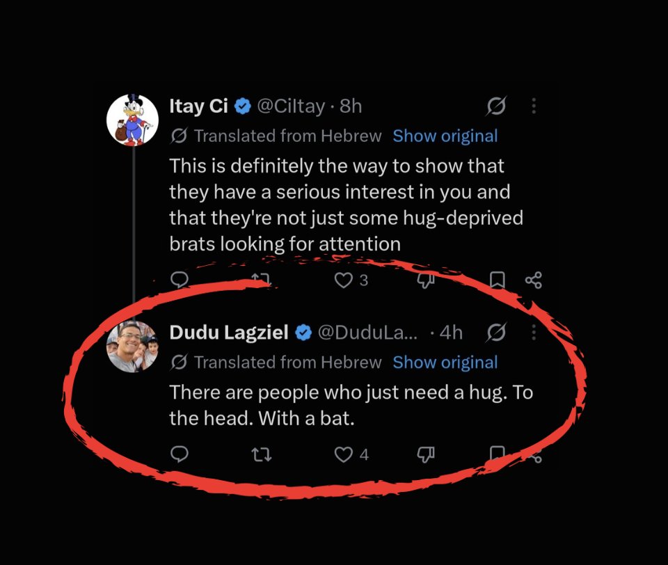 KavitaAlguMD's tweet photo. 🚨CONCERNING UPDATE🚨

"There are people who just need a hug. To the head. With a bat" says the Israeli prof and former Armored corps Lieutenant that @UofT is brining in to teach a course on the "Israeli Economy". 

This is in response to a post he made about UofT students calling for the course topic to be changed and for UofT to stop platforming IOF soldiers. 

His post is incredibly alarming and raises serious concerns about the physical safety of students and staff. 

Notably, only 7 students have registered (of the 120 initially planned). Kudos to all the students of conscious boycotting this  course.

UofT must take concrete action to protect students, staff and the community, and must ensure that instructors have not participated in warcrimes. 1/3