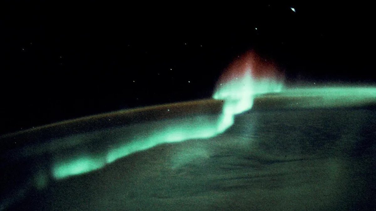 astro4pics's tweet photo. The beauty of the aurora as seen from space. 

Green and sometimes red light follows the curve of Earth where charged particles from the Sun meet the upper atmosphere.  

From orbit the display looks like a thin curtain wrapped around the polar regions, a direct sign of the connection between the solar wind and Earth's magnetic field.
