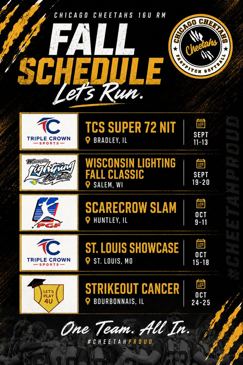 AnnaJanitz's tweet photo. The Chicago Cheetahs 16U RM are ready to hit the road this fall. π₯π₯
5 tournaments. 3 states. One goal: COMPETE.
π IL β’ WI β’ MO
π
Sept. 11 β Oct. 25
Letβs run. ππ¨
@ChiCheetahsRM
#ChiCheetahs #CheetahProud #16U #FastpitchSoftball #FallBall #LetsRun https://t.co/AGamF66Fgj