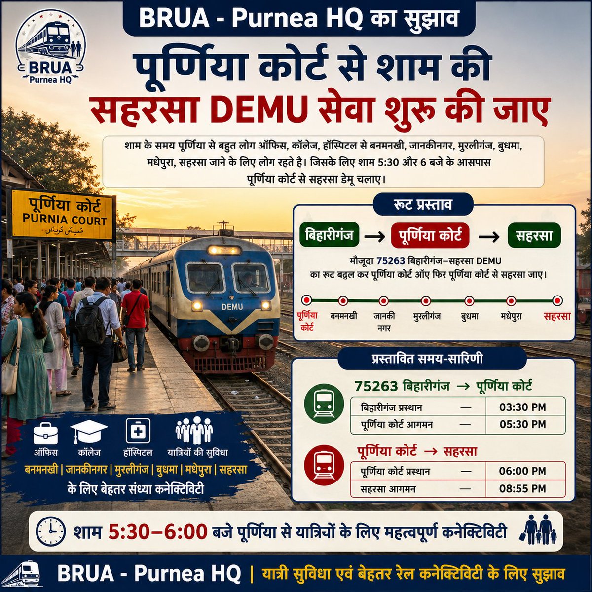 PurneaIndex's tweet photo. 🚆पूर्णिया कोर्ट से शाम की सहरसा DEMU सेवा की आवश्यकता

शाम के समय पूर्णिया से बड़ी संख्या में विद्यार्थी, नौकरीपेशा लोग, मरीज एवं उनके परिजन तथा अन्य यात्री बनमनखी, जानकीनगर, मुरलीगंज, बुधमा, मधेपुरा और सहरसा की ओर जाने के लिए उपलब्ध रहते हैं। लेकिन इस समय इन क्षेत्रों के लिए पूर्णिया कोर्ट से पर्याप्त रेल कनेक्टिविटी नहीं है।

इसी आवश्यकता को देखते हुए हमारा सुझाव है कि 75263 बिहारीगंज–सहरसा DEMU के रूट में बदलाव कर इसे बिहारीगंज → पूर्णिया कोर्ट → सहरसा मार्ग से चलाया जाए।

📍 प्रस्तावित समय-सारणी:

🚆 बिहारीगंज → पूर्णिया कोर्ट
बिहारीगंज प्रस्थान — 03:30 PM
पूर्णिया कोर्ट आगमन — 05:30 PM

🚆 पूर्णिया कोर्ट → सहरसा
पूर्णिया कोर्ट प्रस्थान — 06:00 PM
सहरसा आगमन — 08:55 PM

इस व्यवस्था से पूर्णिया कोर्ट पर शाम 5:30 से 6:00 बजे के बीच यात्रियों को ट्रेन उपलब्ध हो सकेगी और सहरसा तक जाने के साथ-साथ मार्ग के महत्वपूर्ण स्टेशनों के यात्रियों को भी बेहतर कनेक्टिविटी मिलेगी।

यह सेवा विशेष रूप से ऑफिस, कॉलेज, अस्पताल एवं दैनिक कार्यों से लौटने वाले यात्रियों के लिए काफी उपयोगी साबित हो सकती है।

हम @RailMinIndia @ECRlyHJP से अनुरोध करते हैं कि यात्रियों की वास्तविक आवश्यकता को ध्यान में रखते हुए इस प्रस्ताव पर विचार किया जाए और पूर्णिया कोर्ट से शाम की सहरसा DEMU सेवा शुरू करने की दिशा में आवश्यक कदम उठाए जाएं।

पूर्णिया की बेहतर रेल कनेक्टिविटी के लिए यह एक महत्वपूर्ण सुझाव है। 🙏🚆

#Purnea #PurneaCourt #Saharsa #DEMU #RailConnectivity #PurneaIndex #BRUA