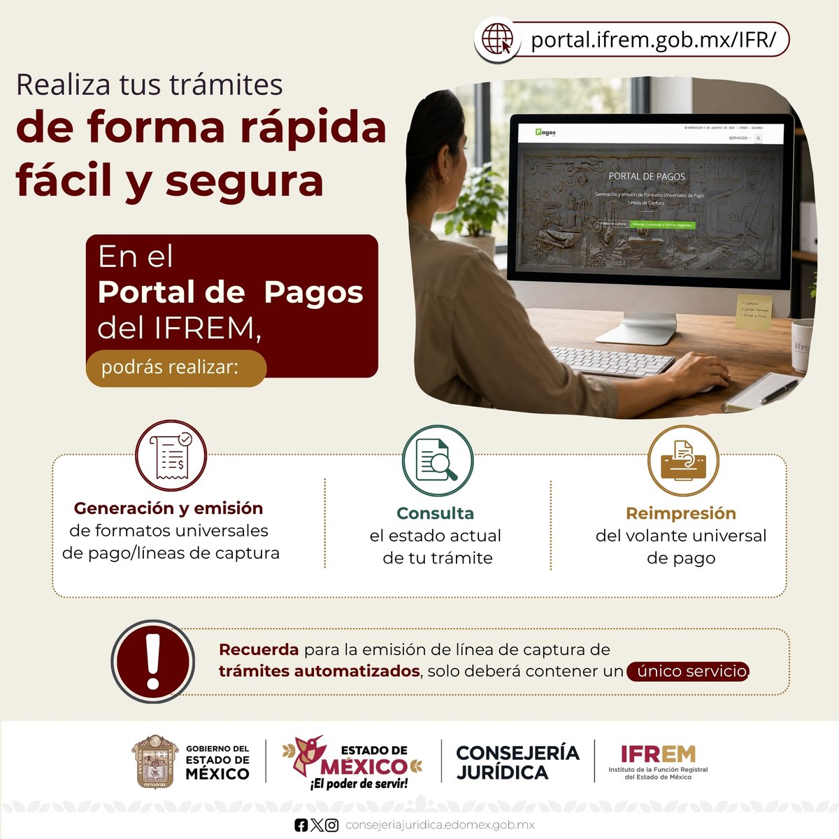IFREM_GEM's tweet photo. 💻 Portal de pagos
💳 Realiza tus pagos de manera fácil y segura.
👉 Recuerda: para trámites automatizados, cada línea de captura debe contener un solo servicio.
#IFREM #ServiciosEnLínea https://t.co/nnG2ZvLrQr