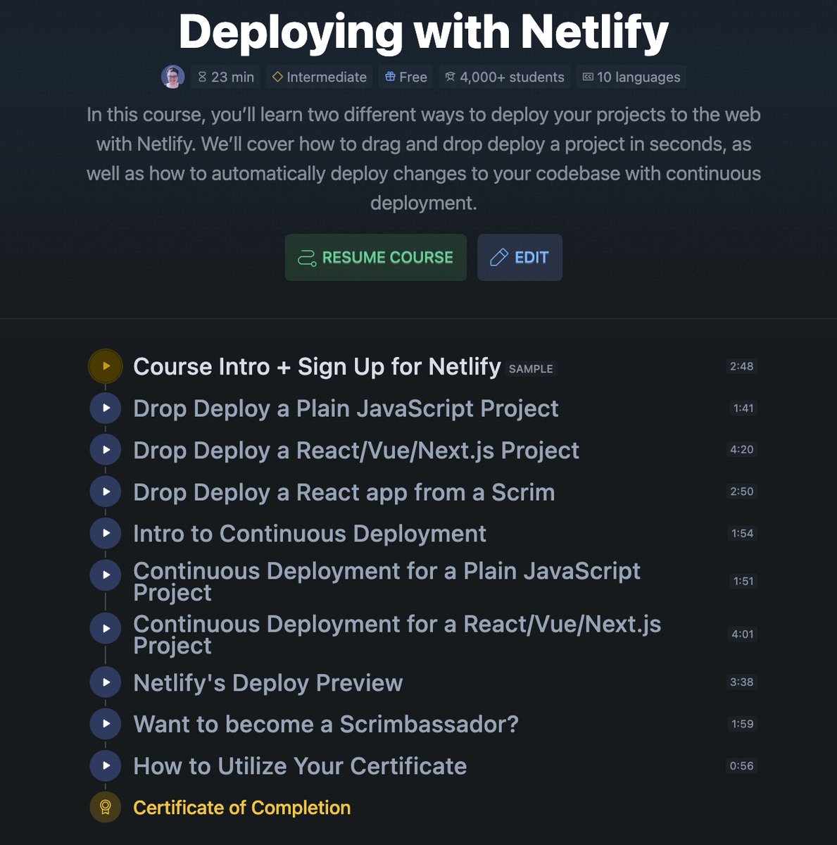Course titled "Deploying with Netlify," featuring a list of lessons on project deployment methods and continuous deployment.