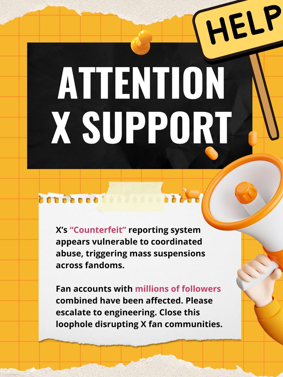 enhaonly10's tweet photo. X’s “Counterfeit” reporting system appears vulnerable to coordinated abuse, triggering mass suspensions across fandoms. Fan accounts with millions of followers combined have been affected. Pls escalate to engineering. Close this loophole disrupting X fan communities @X @kcoleman https://t.co/lR3yJEpQah