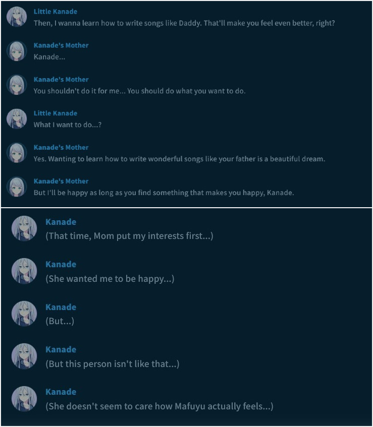 Timely_Kanade's tweet photo. Despite being gone since the start, it’s wonderful how not one but BOTH of Kanade’s parents continue to haunt her narrative &amp; shape her upbringing. Her dad is obvious, but how her mom is also often impactful in her arc &amp; thought process is genuinely among Sekai best writing. https://t.co/wHeXxqgSRt