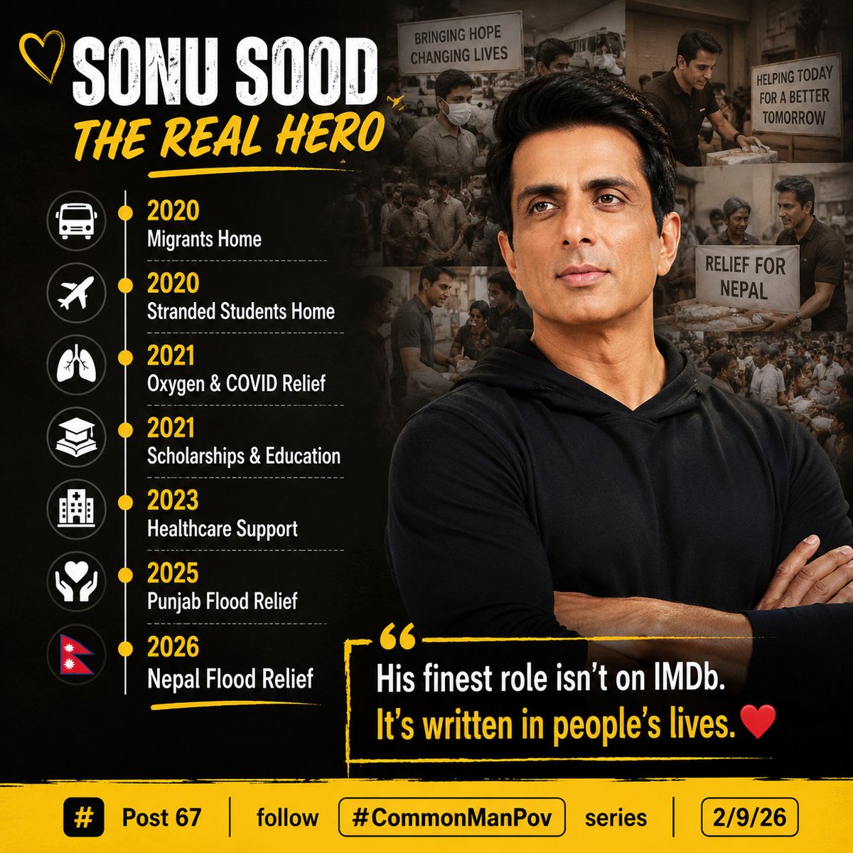 ItzMeManuThomas's tweet photo. From helping migrants reach home to COVID relief, education, healthcare &amp; now Nepal flood relief—Sonu Sood keeps showing up. ❤️ His finest role isn’t on IMDb. It’s written in people’s lives.

#SonuSood #RealHero #Humanity #Nepal #CommonManPov https://t.co/yyOcW87bZr