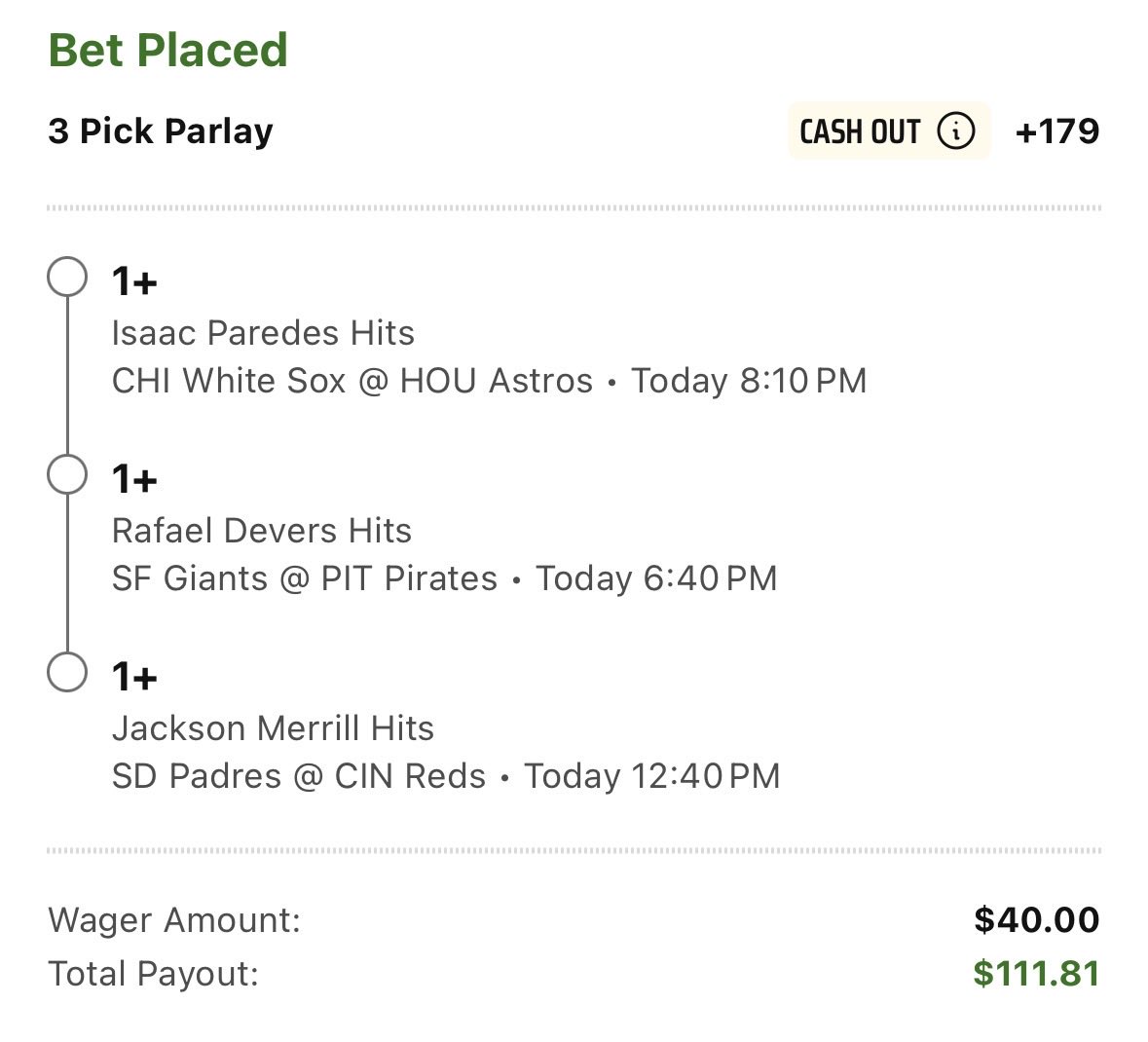 SwayyCFB's tweet photo. 🚨🚨 MLB +1 HIT PARLAY 🚨🚨

Isaac Paredes +1 HIT

Rafael Devers +1 HIT

Jackson Merrill +1 HIT 

+179 PARLAY 

2 MLB PARLAYS LINED UP TONIGHT!!

Let’s see if we can sleep the Books fellas 🧹 

#XGambling #MLB #BaseballTwitter https://t.co/zcUYMBdXiP