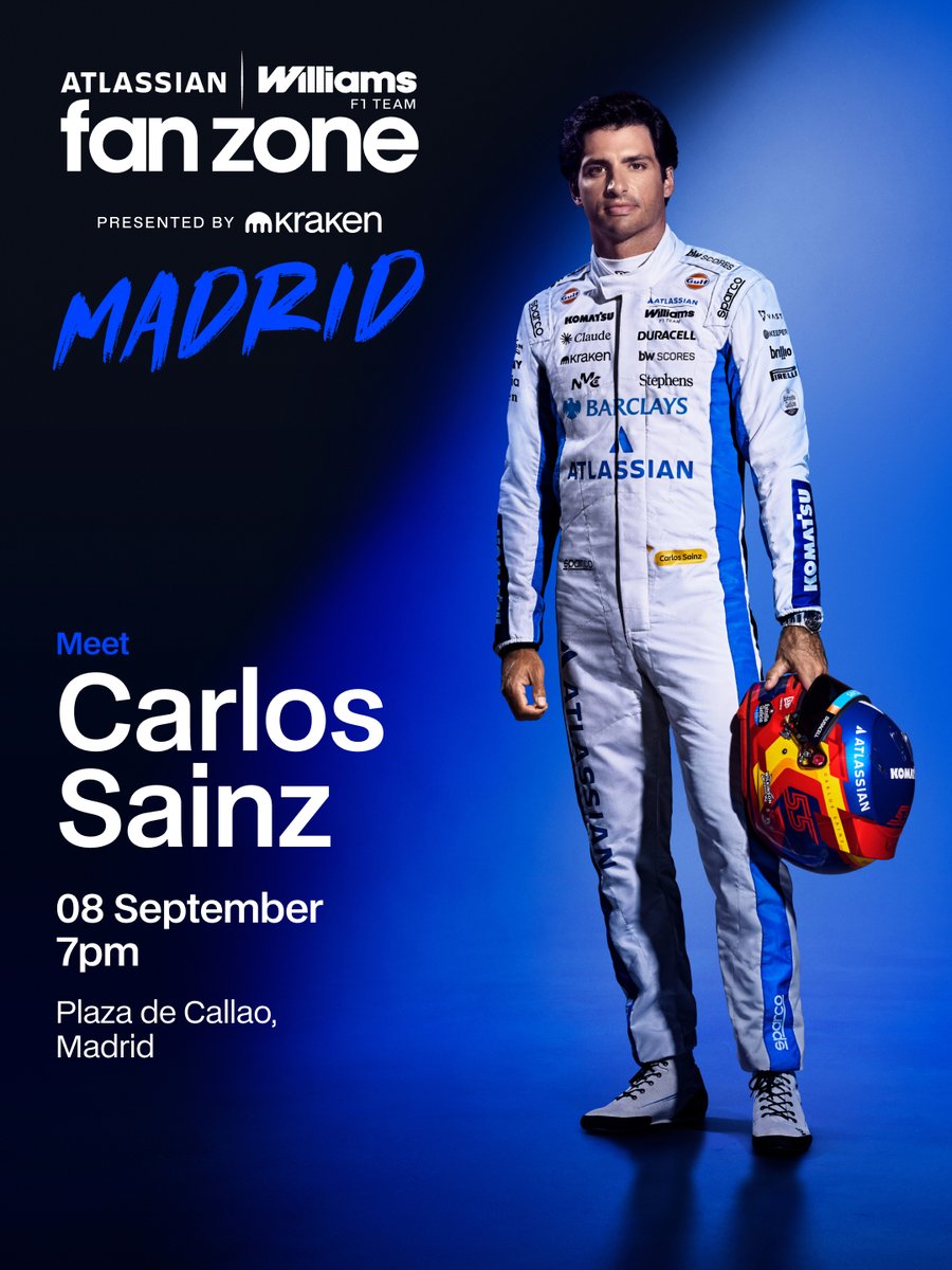 WilliamsRacing's tweet photo. Madrid, get ready 👀🇪🇸

Carlos, JV and Luke are heading to the city next week for our Madrid Fan Zone, presented by @krakenfx. 

Tap here for more info: https://t.co/6NvH82XsIU https://t.co/3vzW3wqlD2