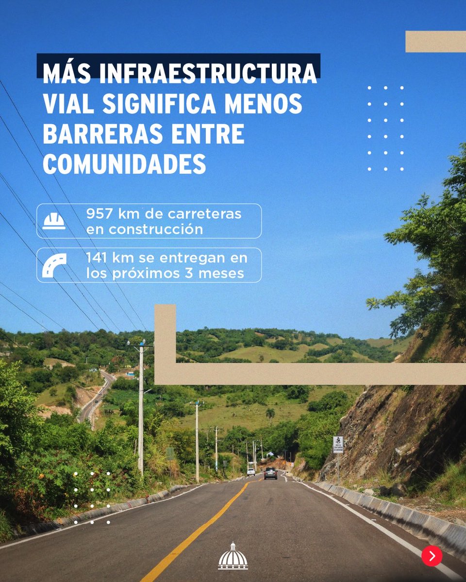 RD_VIAL's tweet photo. Desde el Gobierno seguimos avanzando en la transformación de la infraestructura vial 🇩🇴.

Como parte de la visión del Gobierno de la República Dominicana, actualmente se encuentran en ejecución 957 kilómetros de carreteras y 51 puentes, obras que conectan comunidades y facilitan la movilidad de miles de dominicanos.

Además, ya se han instalado más de 3,000 kilómetros de tuberías y 10,000 luminarias, contribuyendo a vías más seguras y mejor conectadas.

Y esto continúa: para los próximos tres meses está proyectada la entrega de 141 kilómetros de carreteras y 21 puentes más.

En RD Vial seguimos trabajando para que cada kilómetro recorrido represente más conexión, seguridad y desarrollo para el país. 🇩🇴

Conoce más en LA Agenda Semanal | 31/8/2026, en el canal de YouTube de Presidencia.

#RDVial #LAAgendaSemanal