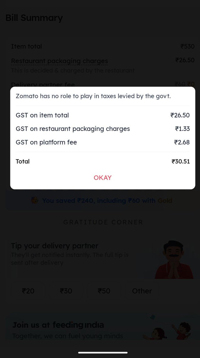 arnabpanda's tweet photo. Scam by @zomato @zomatocare  
Could you please clarify why the amounts are not matching here ?
Resturant packing charges is 17.50
You have charged the same as 26.50
GST on item charged by restaurant - 18.38
GST on item charged by Zomato -26.50

Please clarify https://t.co/nj4AKpew26