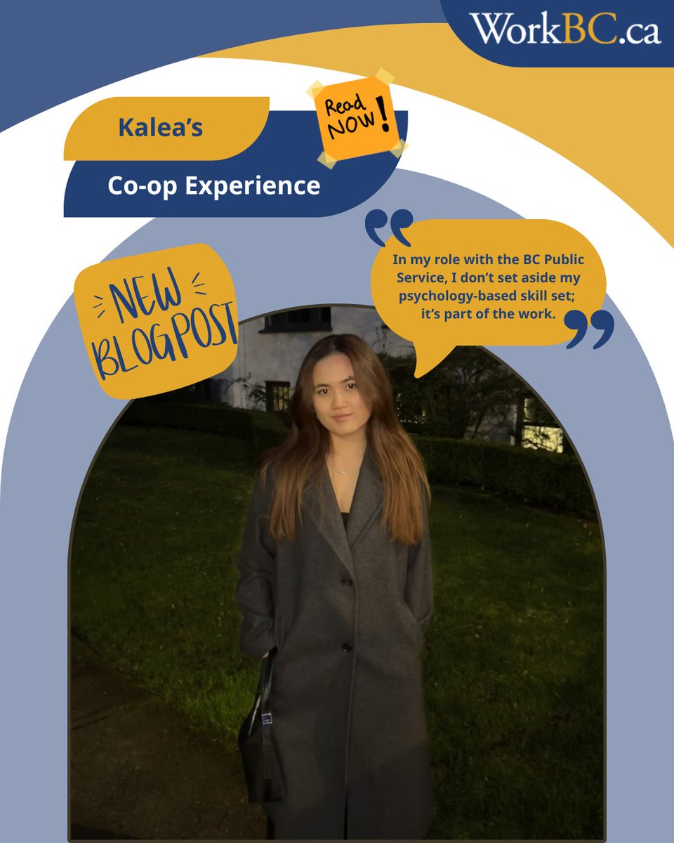 WorkBC's tweet photo. 🎓 Co-op opportunities don't always look how you expect them to. 

Kalea shares how a marketing and content role with BC Public Service helped her apply psychology-based skills to gain experience and grow professionally.

Read her blog: https://t.co/WuHDpgBMvX

#WorkBC #Coop https://t.co/Rv212oIUiO