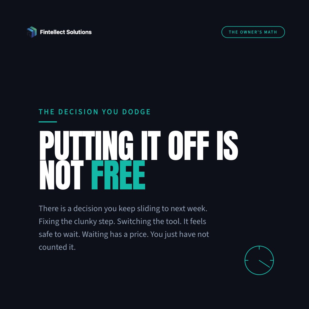 praxisgroupai's tweet photo. There is a decision you keep sliding to next week. Waiting is not free.

Say a clunky step costs you 2 hours a week. At your $24 rate that is $48 a week. Put the fix off 8 weeks and the delay cost you $384. The waiting cost more than the fix.

Part 4 of 6 in The Owner's Math. https://t.co/HX5ON5J3ZL