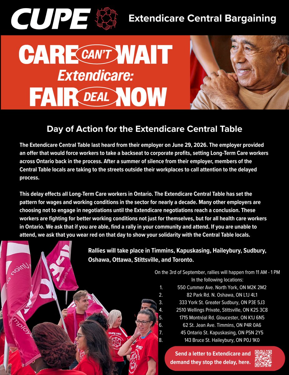 CUPEOntario's tweet photo. Care can’t wait – and neither can long-term care workers.

Extendicare has delayed bargaining all summer while workers continue providing the care residents depend on. On September 3, CUPE members across Ontario are taking action to demand a fair deal that puts workers and residents ahead of corporate profits.

📍: Rallies in Toronto, Oshawa, Sudbury, Stittsville, Ottawa, Timmins, Kapuskasing and Haileybury
⏰ : 11AM to 1PM

Join a rally near you or wear red to show your solidarity! ✊🏽❤️

Extendicare: stop the delay and negotiate a fair deal now.