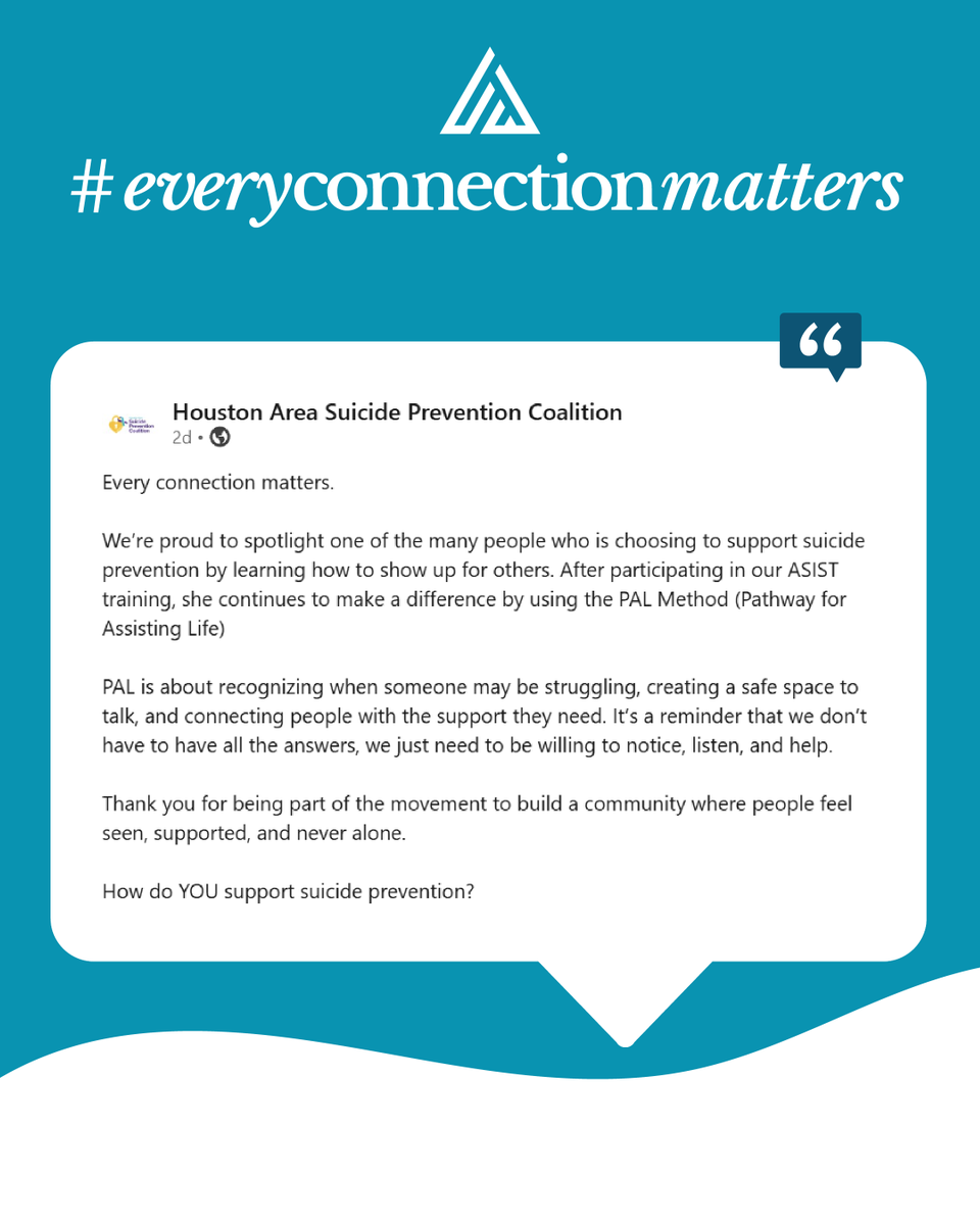 Living_Works's tweet photo. #EveryConnectionMatters in action.

Houston Area Suicide Prevention Coalition shared someone using PAL, Pathway for Assisting Life, learned through #LivingWorksASIST, to support #SuicidePrevention.

Skills move into communities through people, conversations and connection. https://t.co/3Y4hfJ2bYv