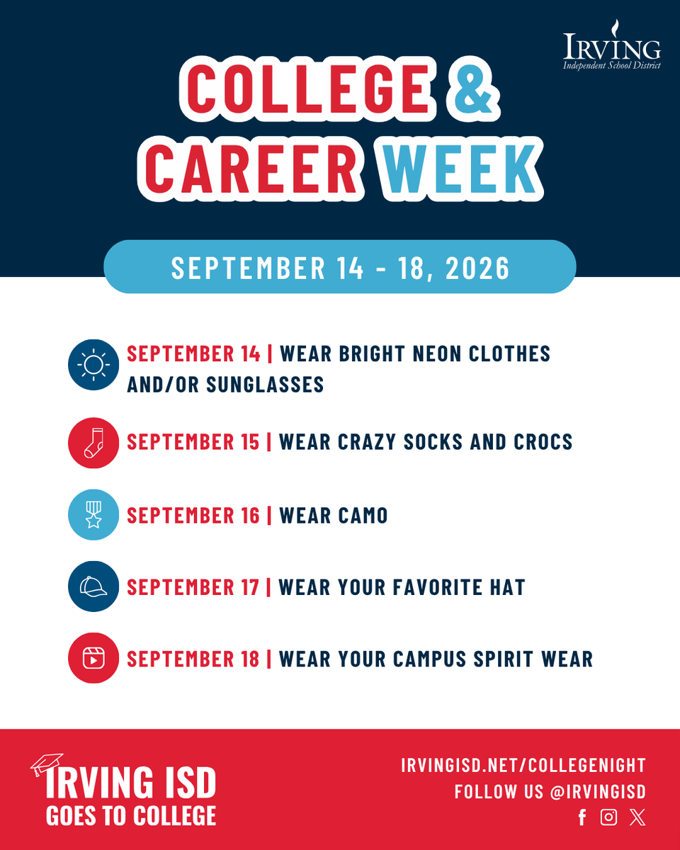 IrvingISD's tweet photo. 🎓 College & Career Week is almost here! Get ready to celebrate September 14-18 with daily themed activities highlighting the many possibilities ahead for Irving ISD students. 🌟

And mark your calendar for College & Career Night on Tuesday, September 15, from 6-8 PM at Singley Academy! Meet representatives from colleges, universities, trade schools, military branches and more, plus attend a financial aid presentation at 7 PM. 🎓

📲 Learn more and register at https://t.co/xduplicptG. #ExcellenceInAction