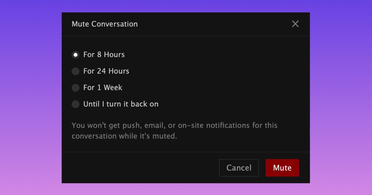 FetLife's tweet photo. You can now mute notifications from any private conversation for 8 hours, 24 hours, 1 week, or until you unmute it. Read more about it here: https://t.co/k0mt9BzLhY https://t.co/FNUdebeFnj