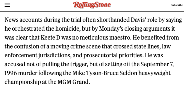 RollingStone's tweet photo. "With a pit bull scowl not softened by a tailored suit, Davis sat impassively at the defense table. With eyes well practiced in the art of the menacing stare, at times it was difficult to tell whether he was trying to rattle hostile witnesses from the old neighborhood."

More: https://t.co/isYY6Rlf3U