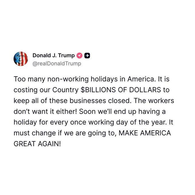 ImBreckWorsham's tweet photo. Trump says its lazy American workers with too many days off that's destroying the US economy. 

Not his failed economic and military policies. https://t.co/wFv6AeD2dt