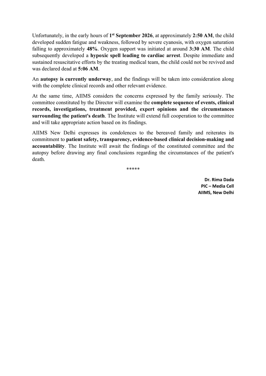 aiims_newdelhi's tweet photo. AIIMS New Delhi Constitutes Committee to Review Clinical Course and Circumstances in Case of Patient Tanvi. https://t.co/RUGRrrzFf9
