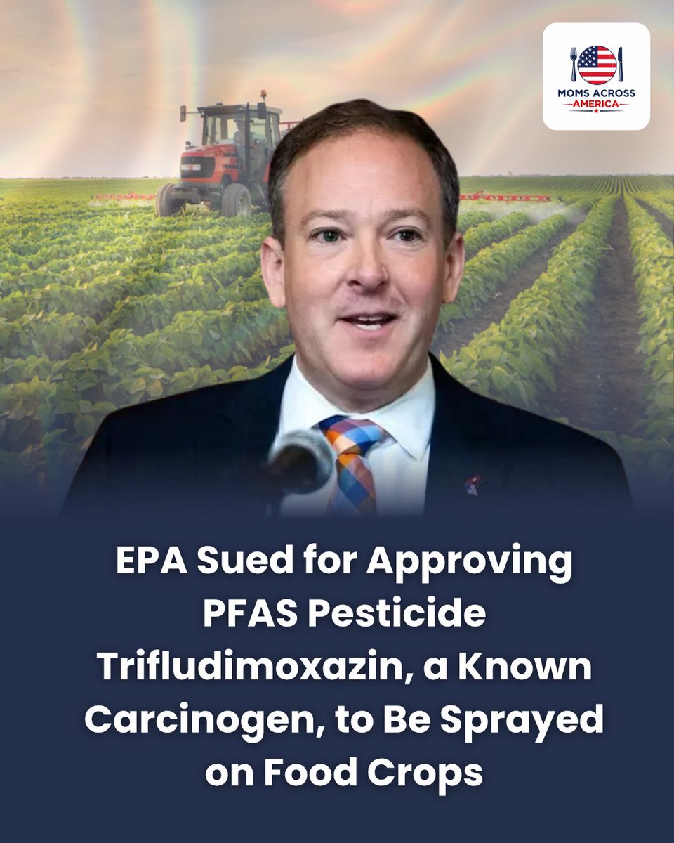momsacross's tweet photo. The Trump EPA is being sued for approving trifludimoxazin, a PFAS “forever chemical” pesticide, for use on some of the most common foods American families eat.

Center for Food Safety, Center for Biological Diversity and Pesticide Action & Agroecology Network North America filed the lawsuit challenging the EPA’s approval.

Trifludimoxazin is now approved for use on corn, wheat, oats, soybeans, oranges, apples, peanuts, almonds and other crops.

The EPA acknowledges that trifludimoxazin caused thyroid tumors in studies. The groups challenging its approval say it is a likely human carcinogen and point to concerns about reproductive harm, birth defects and neurological effects associated with this class of herbicides.

And because it is a PFAS pesticide, the concern doesn’t end with what is sprayed on our food. Trifludimoxazin can take years to decades to fully break down, with the potential for persistent PFAS byproducts to contaminate our soil and water.

American families are already exposed to pesticides and PFAS from far too many sources. We should be working to REMOVE chemicals from our food, water and environment, not approving more of them.

Our regulatory agencies must put the health of our children and future generations before chemical industry profits first.