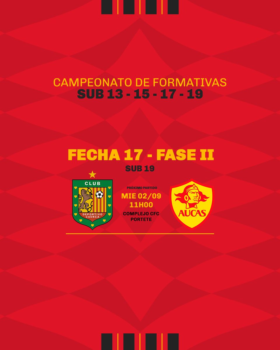 Formativas_DC's tweet photo. 🦁🔴⚫️ ¡De vuelta al torneo! 💪⚽
Por la fecha 17, nuestra Sub 19 recibe a Aucas en Portete. 🏟️🔥
¡Vamos, chicos! A dejarlo todo en la cancha y defender con orgullo nuestros colores. ❤️🖤🦁
#VamosCuenca #VamosLeones https://t.co/eOavQk8krK