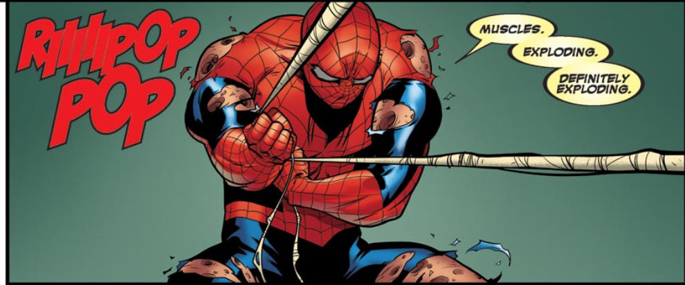 TotallyNotZal's tweet photo. There’s something about Wade’s bulging muscles literally ripping Spider-Man’s suit because he’s so much bigger than Peter that does something for me 🥴 #spideypool https://t.co/AT80XOlWV6