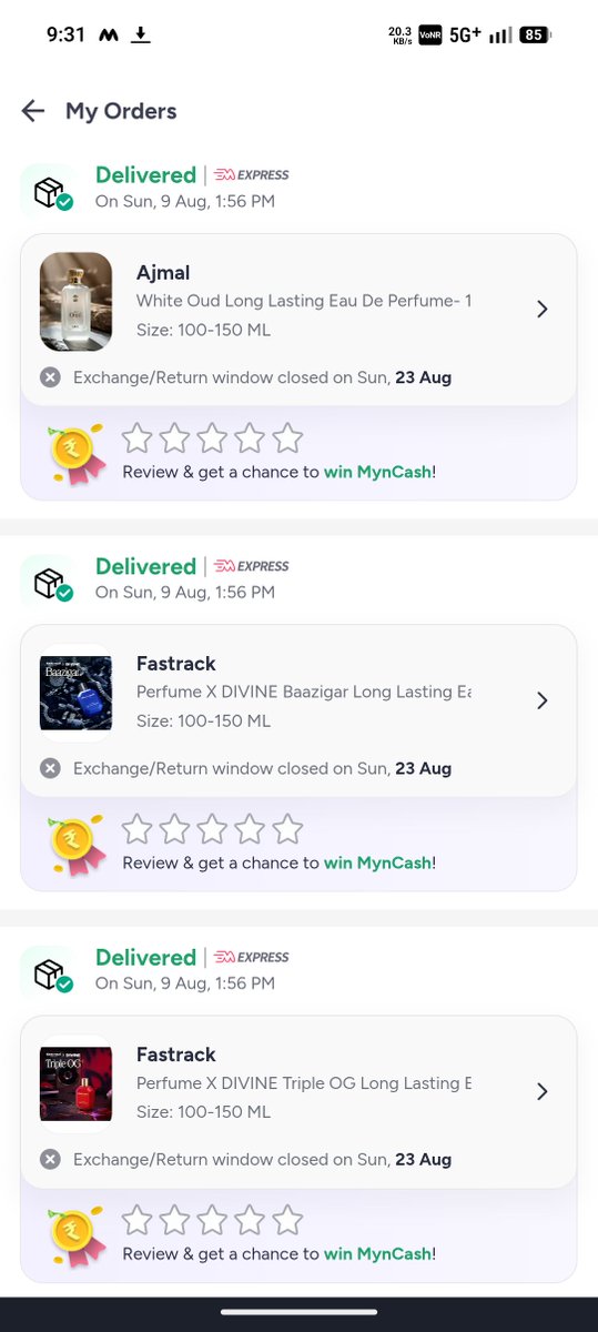 hindi11997's tweet photo. @myntra @MyntraSupport I oder3 perfume from my Myntra credit on 9 August it's saying it's delivered without any OTP product worth 4000 given some one else I call customer care the girl name anshika said it's showing delivered it can help it's about 1 month no support fuck you https://t.co/9cHsa5DOrI