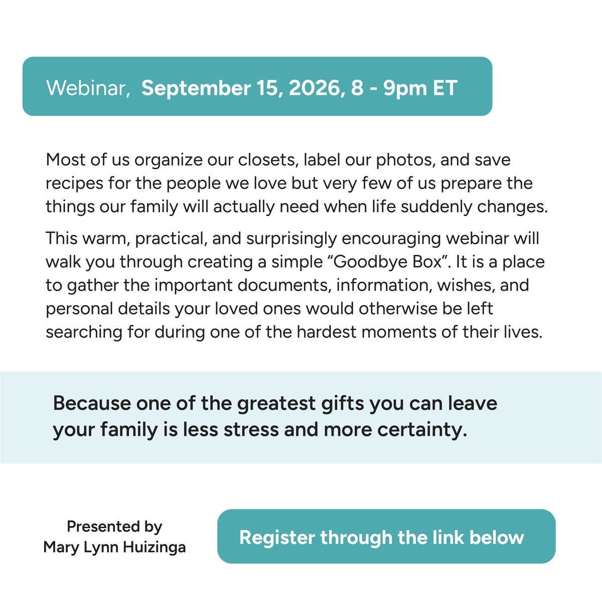 SIMCANADA1's tweet photo. Give your family one less thing to search for during a difficult season. Join our webinar on creating a simple “Goodbye Box.”
September 15, 2026 – 8pm ET -The Box the Family Will Thank You For – Mary Lynn Huizinga
 🔗 https://t.co/PzBgsATDP0 https://t.co/XS1FMAiDuI