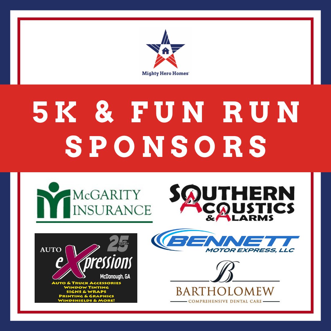 MightyHeroHome's tweet photo. A HUGE thank you to some of our amazing sponsors for making our 2nd annual 5k & Fun Run possible!

Register or sign up for additional sponsorship opportunities here: https://t.co/R5kn1nQTNB

Learn more about their services below and help us support these local businesses who are committed to housing homeless Veterans:

Bennett Trucking: https://t.co/d932dj8Diy
Auto Expressions: https://t.co/qNvvLP98l3
Bartholomew Dental Care: https://t.co/b1DyAQq3q7
McGarity Insurance: https://t.co/JoluoeamqQ
Southern Acoustics & Alarms: https://t.co/pCLcfZM3VB

#MightyHeroHomes #VeteranSupport #EndVeteranHomelessness #SupportOurTroops #VeteranHousing #FreedomIsHome #BecauseTheyDeserveBetter #5KforVets #RunForHeroes