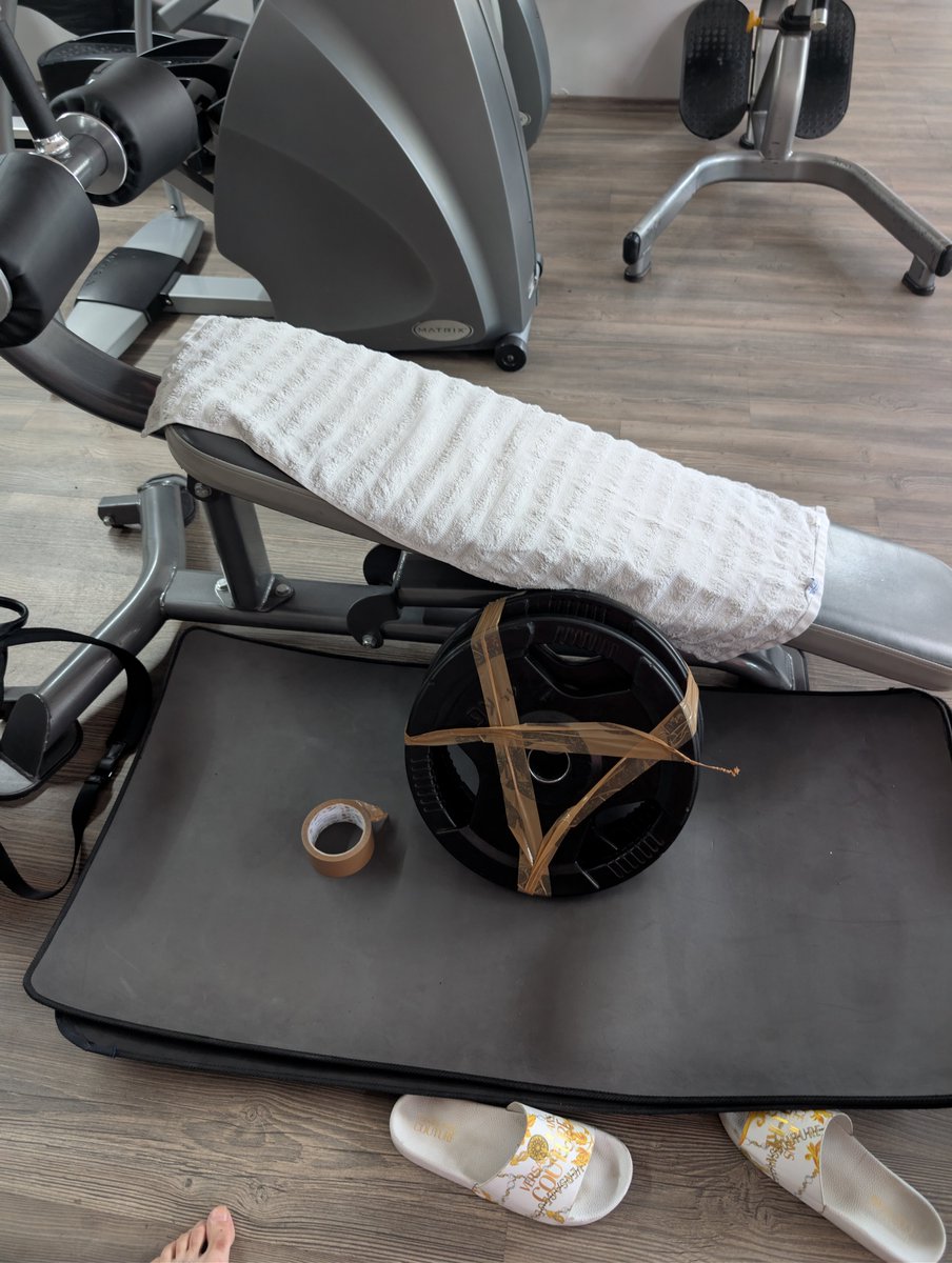 DanielSchFit's tweet photo. "Oh well, I would like to put more than 20kg on my chest before doing a decline sit up, but 20kg is all we got so if I don't get abs it's not my fault".

Yeah bring some tape and tape one onto the other, now you got 40kg.

"Yeah but others will look at me weirdly for taping weights" yeah but I look at them weirdly for NOT taping weights.