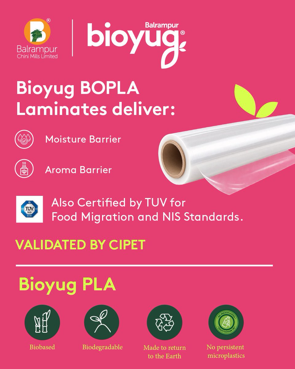 BCMLofficial's tweet photo. A significant step forward for more sustainable flexible packaging. 🌱 

Balrampur Chini Mills’ Bioyug BOPLA laminates have successfully passed CIPET testing protocols for Paan Masala and Gutkha packaging applications, with BCML among just two manufacturers in India to have cleared the requirements for these applications.

The laminates deliver moisture and aroma barrier properties and are also TÜV certified for Food Migration and NIS Standards. ✅

Now, we’re inviting converters, packaging manufacturers and brand owners to explore Bioyug BOPLA laminates across applications including Gutkha and Paan Masala sachets.

Let's bring possibilties towards applications that matter, together. 🤝

#Bioyug #BOPLA #SustainablePackaging #BCML

@PIB_India @moefcc