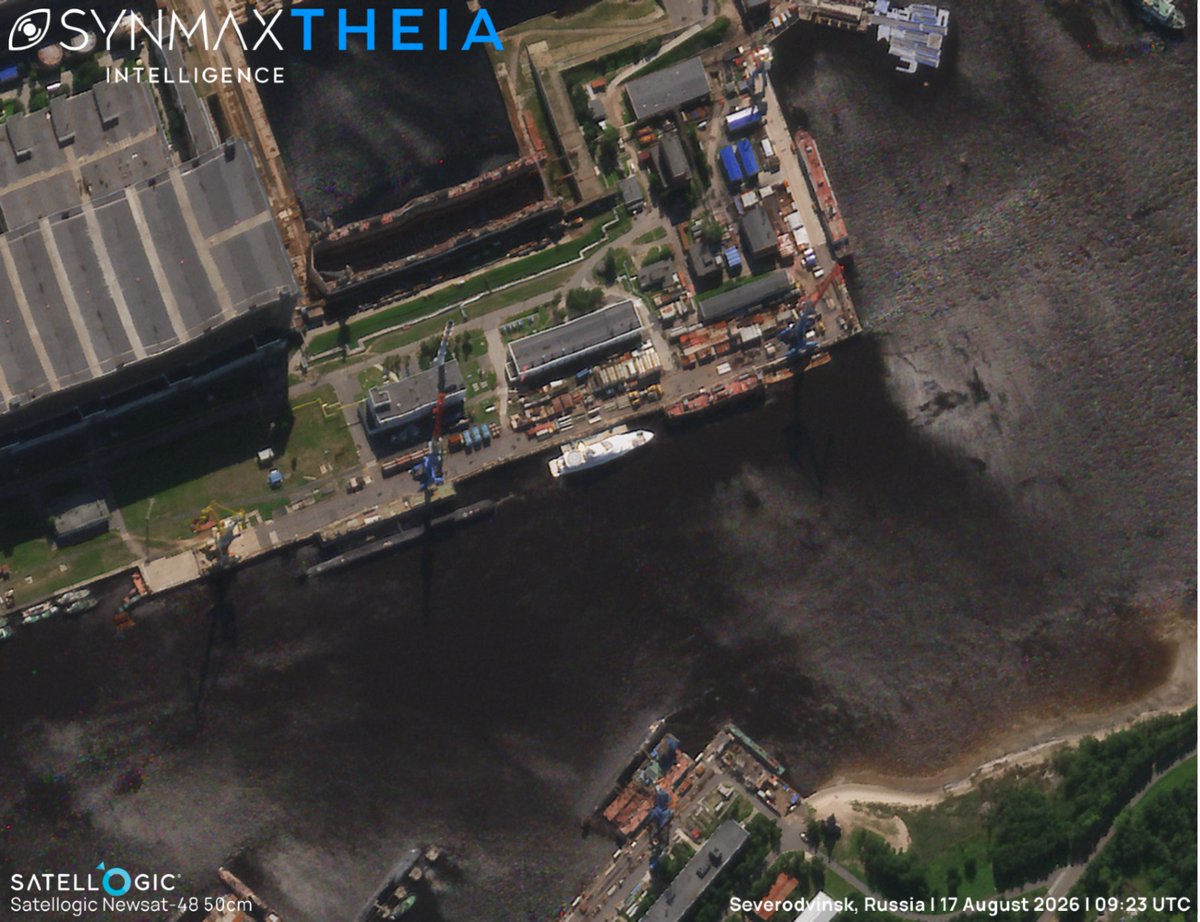SynMaxInt's tweet photo. UPDATE: Following our previous post on the KOSATKA's (IMO 1011551) arrival at Severomorsk, Russia (link in comments), SynMax's maritime domain awareness platform, Theia, has identified Putin’s yacht alongside Severodvinsk.

The KOSATKA's last detection at Severomorsk was on the 7th of August. She was identified at Severodvinsk on the 17th, approximately 350km to the southwest.

The 82-meter superyacht, formerly named GRACEFUL, is widely linked to Russian President Vladimir Putin and was sanctioned by the United States in 2022, shortly after which she was renamed. She had not transmitted on AIS since 2022, before briefly reappearing last June, when she departed the Baltic Sea under naval escort, reportedly bound for the Arctic amid concerns of Ukrainian long-range drones.

Severodvinsk is home to the Sevmash shipyard, where the KOSATKA's hull was originally laid down.

Theia ingests more than 40 million km² of satellite imagery daily, fusing EO, SAR, and AIS data to automatically detect, identify, and track tens of thousands of vessels across oceans, regardless of AIS status. SynMax's Agentic AI, Atlas, provides automatic alerts on vessels of interest, delivering actionable intelligence on high-value targets.