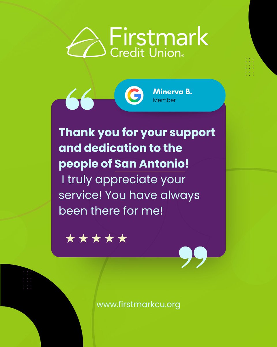 FirstmarkCU's tweet photo. We’re grateful for Minerva’s kind words! ⭐️⭐️⭐️⭐️⭐️
Serving our members and community is at the heart of what we do. 💚
#SanAntonio #BankInThe210 #ReviewWednesday
#MemberReview #MemberAppreciation #FirstmarkCU https://t.co/39US7Vuysb