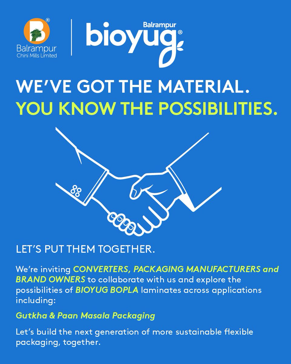 BCMLofficial's tweet photo. A significant step forward for more sustainable flexible packaging. 🌱 

Balrampur Chini Mills’ Bioyug BOPLA laminates have successfully passed CIPET testing protocols for Paan Masala and Gutkha packaging applications, with BCML among just two manufacturers in India to have cleared the requirements for these applications.

The laminates deliver moisture and aroma barrier properties and are also TÜV certified for Food Migration and NIS Standards. ✅

Now, we’re inviting converters, packaging manufacturers and brand owners to explore Bioyug BOPLA laminates across applications including Gutkha and Paan Masala sachets.

Let's bring possibilties towards applications that matter, together. 🤝

#Bioyug #BOPLA #SustainablePackaging #BCML

@PIB_India @moefcc