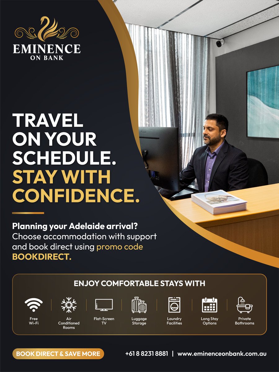 eminenceonbank's tweet photo. Travel plans don’t always follow a perfect schedule.
Choose accommodation with support and book direct using promo code BOOKDIRECT.
📞 Phone: (08) 8231 8881
💬 Promo Code: BOOKDIRECT
#EminenceOnBank #24HourSupport #AdelaideHotel #HotelService #AdelaideAccommodation https://t.co/Dp28sdWANe
