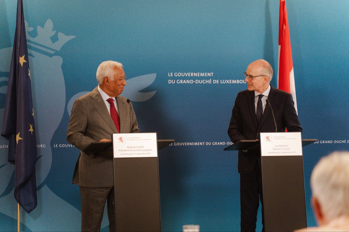LucFrieden's tweet photo. Useful exchange with @eucopresident António Costa during his #TourdesCapitales. 

Luxembourg’s priorities are clear: 
▫️Securing a strong and future-oriented EU budget.
▫️Making Europe a true hub for innovation, AI and satellites.
▫️Completing the EU’s Internal Market. 
▫️Advancing the Savings and Investment Union.