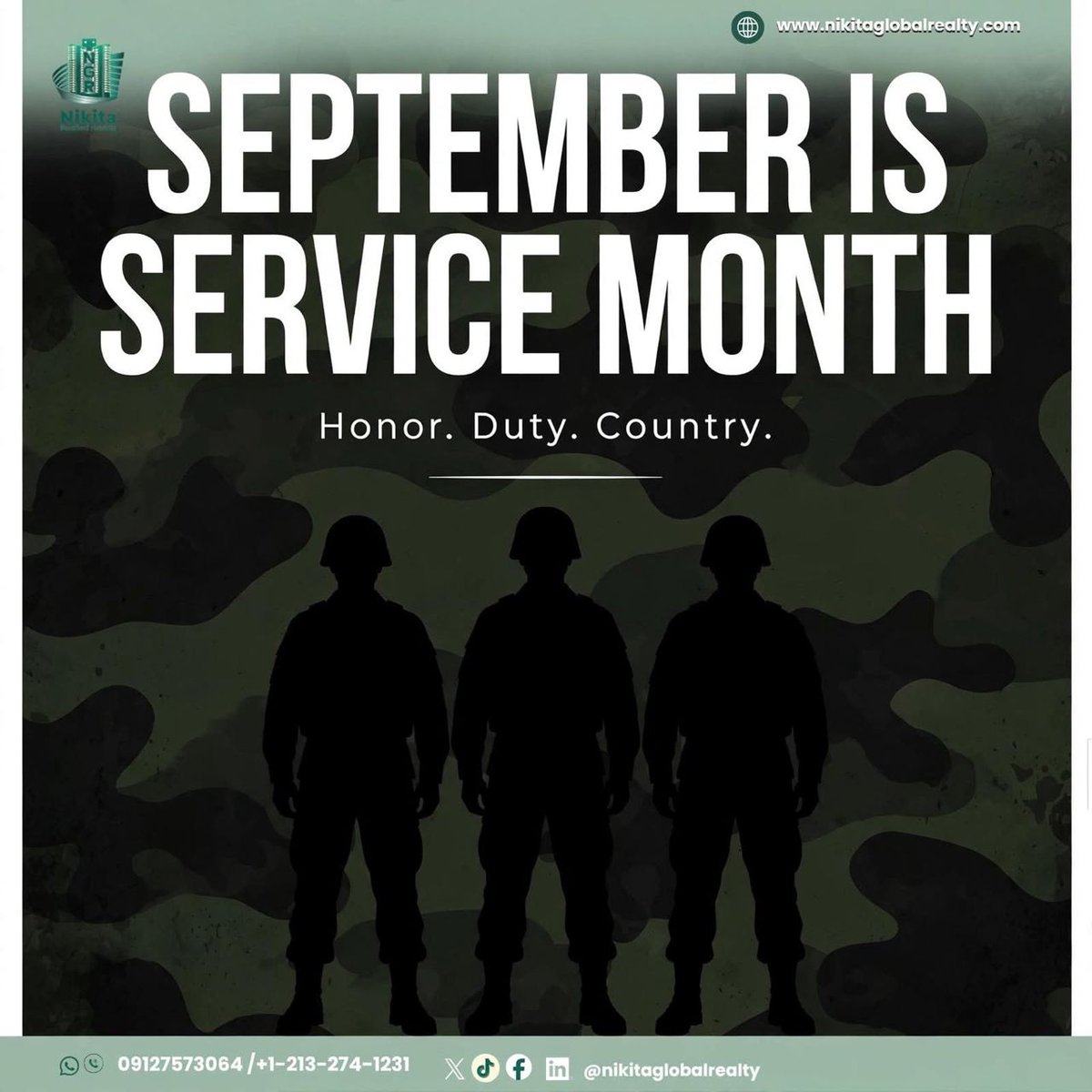 nikitarealty's tweet photo. September is Service Month. Honor. Duty. Country. 🎖️

To everyone who serves — thank you. Your sacrifice builds the foundation for the homes and communities we all get to enjoy. 🙏🏾🇳🇬

#ServiceMonth #HonorDutyCountry #SaluteOurHeroes #NikitaGlobalRealty https://t.co/uN8DqE4Qhf