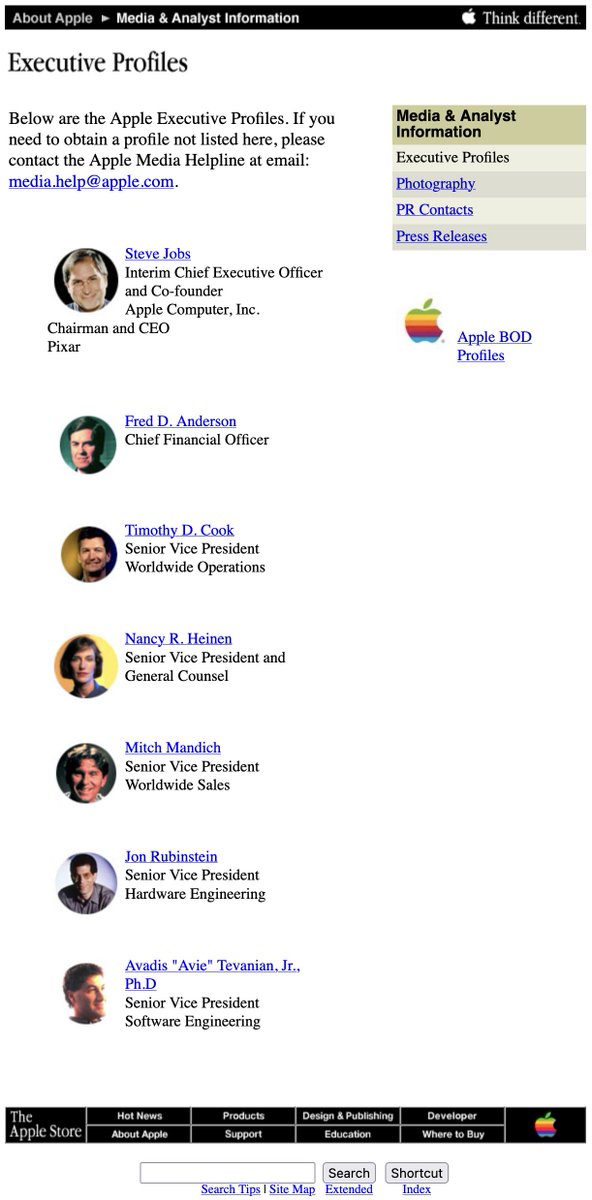 ClassicII_MrMac's tweet photo. Apple's leadership page right after Tim Cook was hired in 1998. 

Steve Jobs was still the "Interim" CEO at the time. https://t.co/5lCDhN5lWn