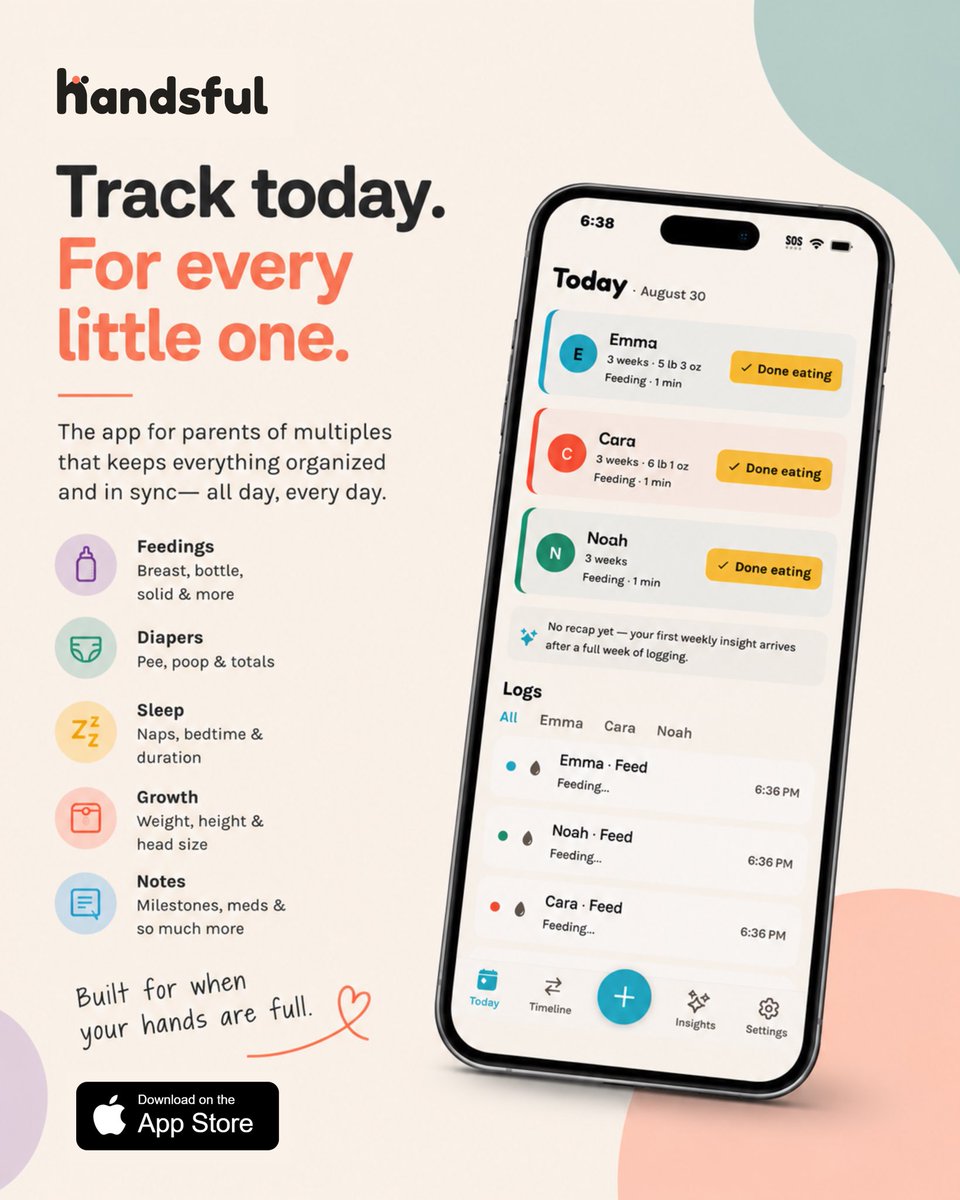 handsfulapp's tweet photo. Feedings, diapers, sleep, growth, notes — everything about your little ones, logged in one place, synced for whoever's holding the baby ✨

Built for when your hands are full.

Link in bio or visit https://t.co/43kukFRLk9 🤍
#triplets #twinpregnancy #tripletpregnancy https://t.co/nGMPJtv160