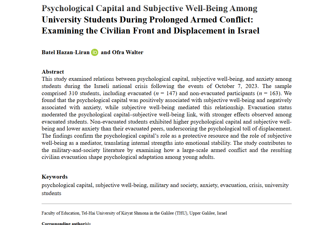 AFS_SAGE's tweet photo. Check out this new article in #OnlineFirst! Psychological Capital and Subjective Well-Being Among University Students During Prolonged Armed Conflict: Examining the Civilian Front and Displacement in Israel - Batel Hazan-Liran, Ofra Walter, 2026 https://t.co/oAxnGTfQ82 https://t.co/ExqnrGfAPG