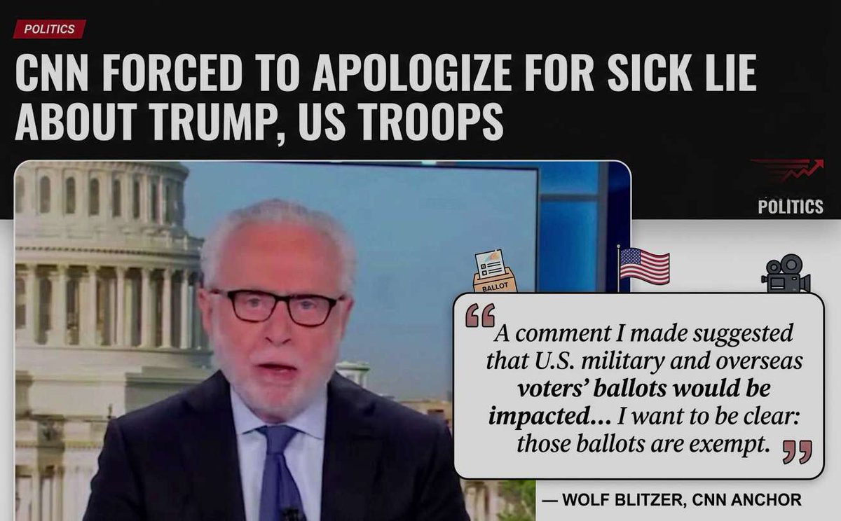DiamondandSilk's tweet photo. 🚨 CNN forced to issue an on-air correction! Wolf Blitzer had to walk back claims that Trump’s executive order on mail-in voting would hurt U.S. troops' ability to vote. The truth? Military and overseas ballots are strictly EXEMPT.
#CNN #ElectionNews #USMilitary https://t.co/9OwlhHLFsY